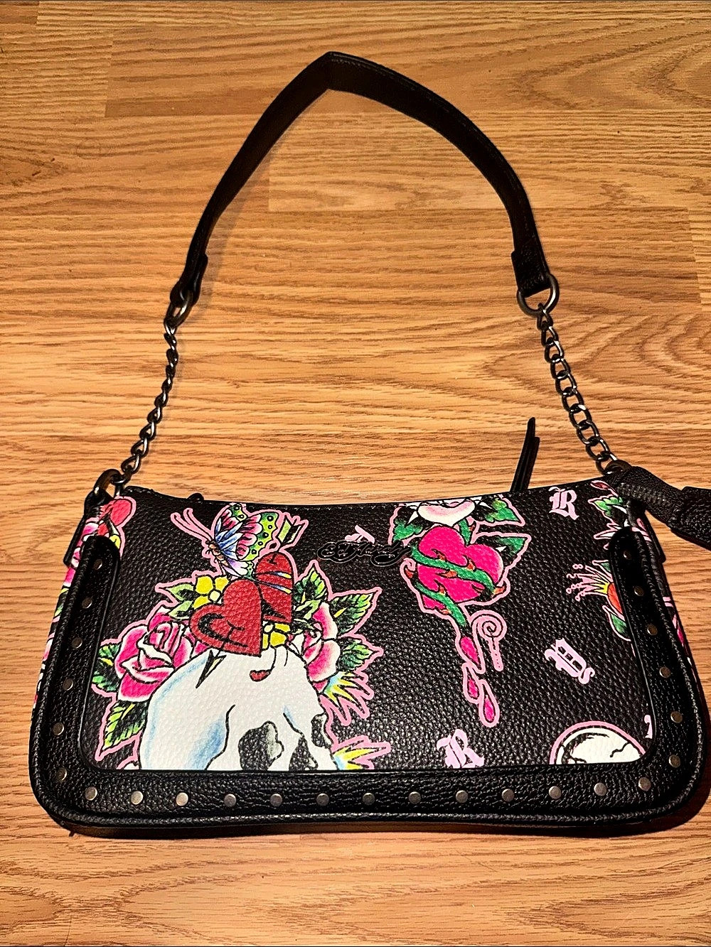 Ed Hardy Skull & Roses Tattoo Print Shoulder Bag in Black & Pink